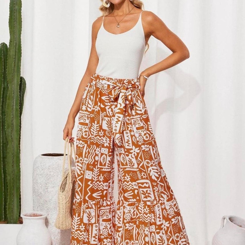 Orange White Abstract Print Wide Leg Tie Waist Ruffle Hem Pants Summer Holiday